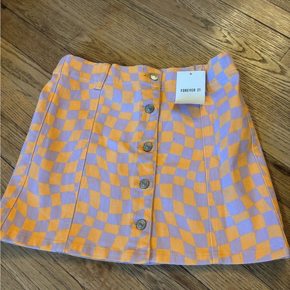 Forever 21 Orange and Lavender Checkerboard Button-Front Mini Skirt
